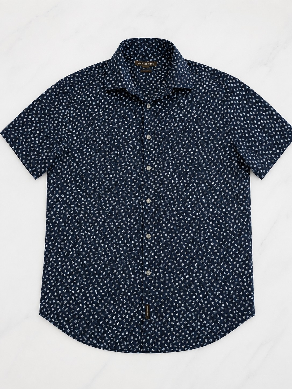 Michael Kors Navy Short Sleeve Micro-Print Button-Down Shirt